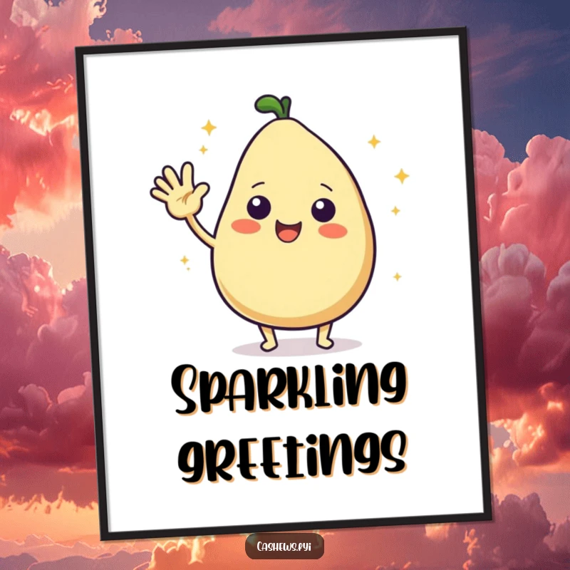 Funny digital art print of a kawaii cashew character excitedly waving hello, surrounded by tiny starbursts, radiating pure joy.