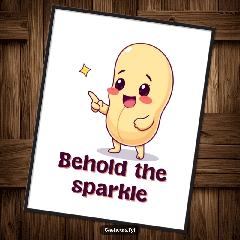 Funny digital art print of an excited cashew nut pointing at a sparkling gem, symbolizing joy, discovery, and radiant beauty.