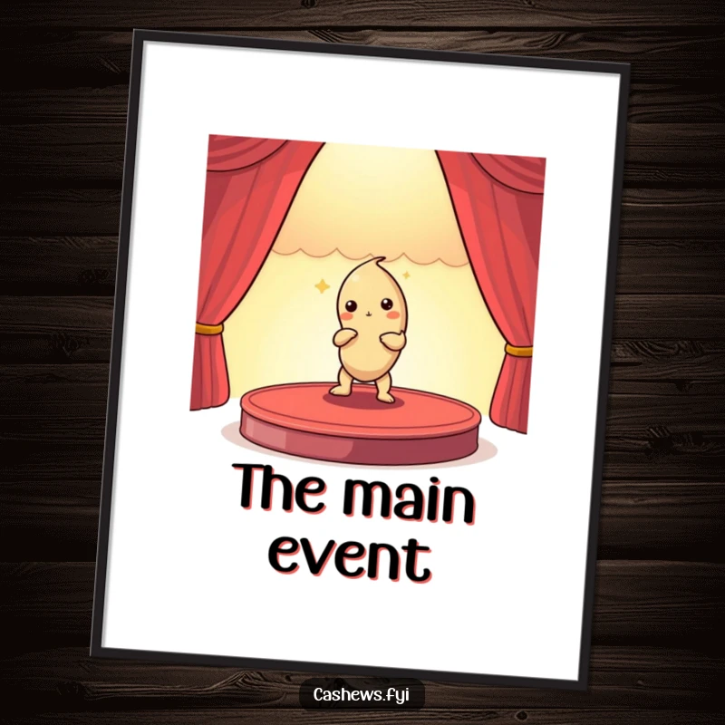 Funny digital art print of a cashew nut actor striking a dramatic pose on a miniature stage, vibrant and humorous wall decor.