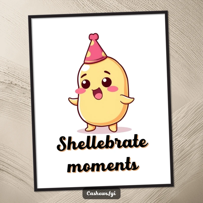 Funny digital art print of a thrilled cashew nut wearing a festive party hat, exuding happiness and celebration.