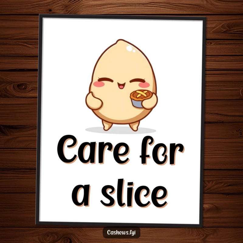 Funny digital art print of a mischievous cashew nut winking and holding a tiny pie, symbolizing playful temptation and sweet joy.