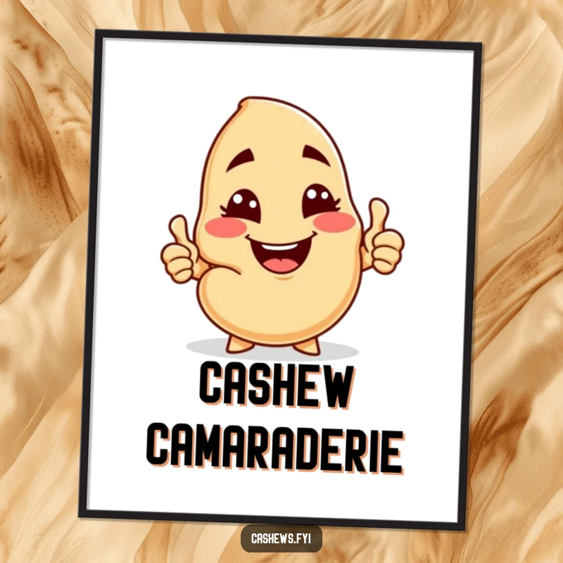 Funny digital art print of a cashew character offering a cashew nut with a cheeky grin, wink, and thumbs-up, radiating goodwill.