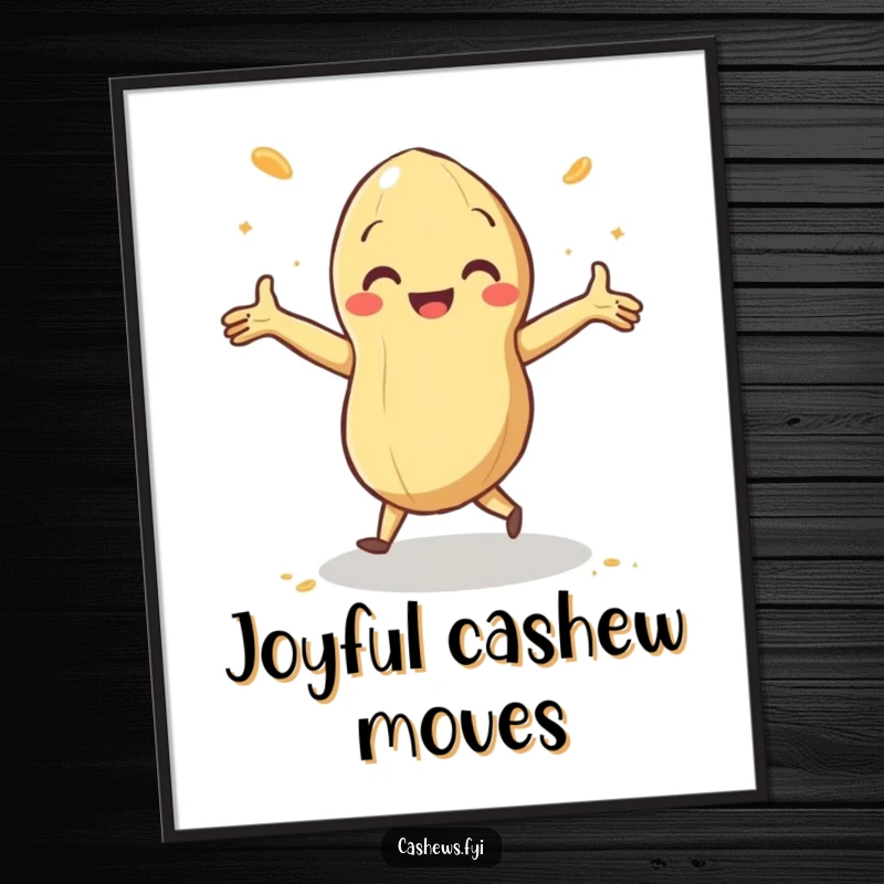 Funny digital art print of a cashew doing a delighted jig with arms outstretched and cashew dust swirling, ready to bring energy.