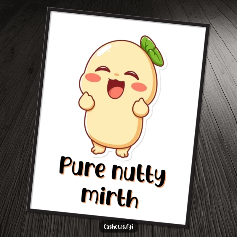 Funny digital art print of a cashew character overcome with uncontrollable laughter, radiating pure joy and mirth.