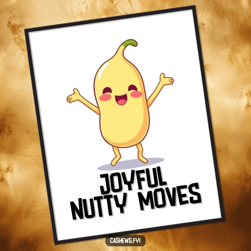 Funny digital art print of a Kawaii cashew doing a silly dance with limbs flailing joyfully, perfect for instant humorous decor.