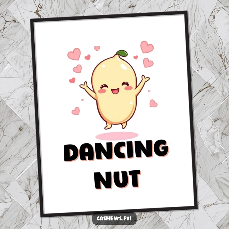 Funny Kawaii Cashew Digital Art: A printable featuring a cashew character dancing with glee amidst floating hearts, creating a joyful and humorous scene.