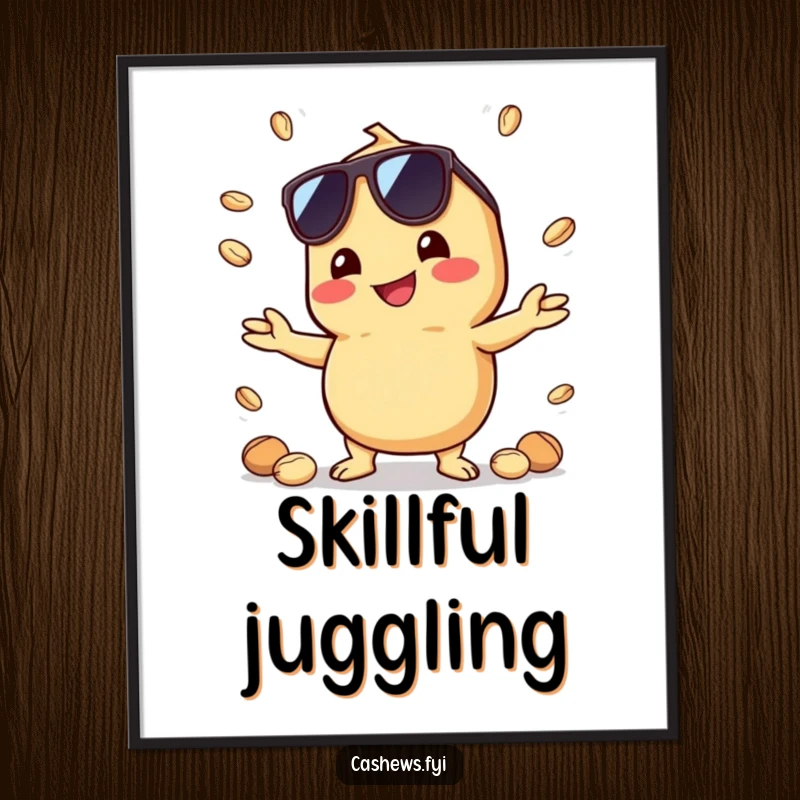 Funny digital art print of a kawaii cashew in sunglasses, juggling nuts with a grin, bringing cool, humorous vibes to any room.