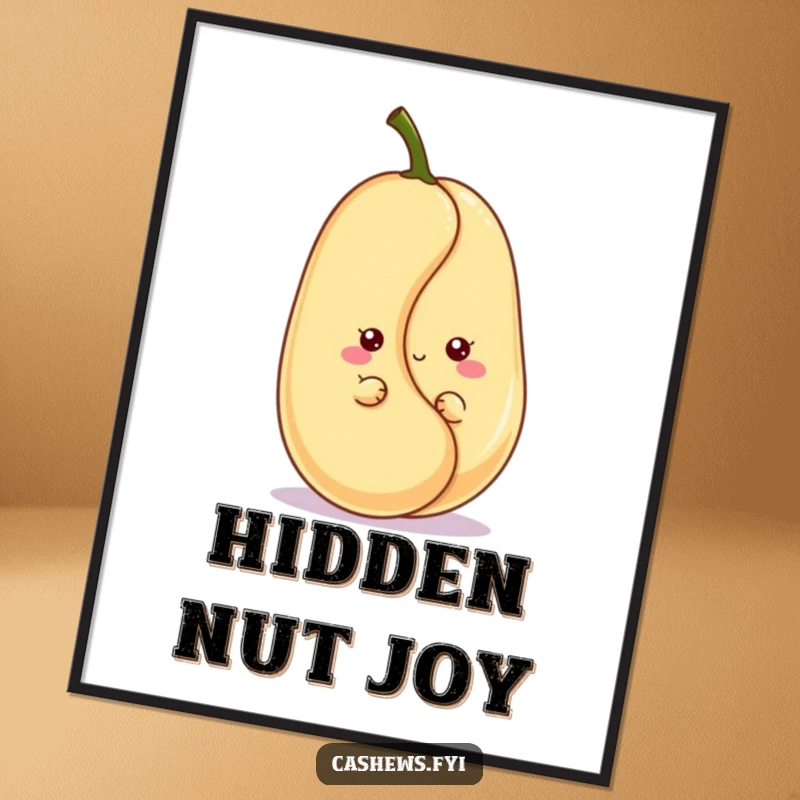 Funny kawaii cashew digital art print of a cute character peeking with a playful grin, ready for instant download and display.