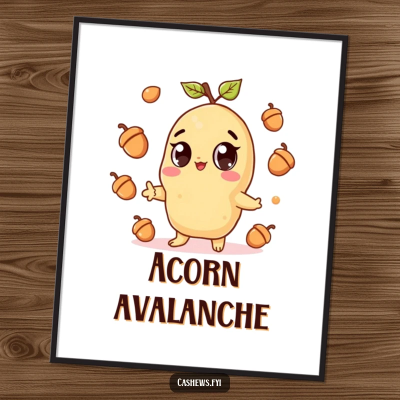 Funny digital art print of a kawaii cashew character with wide eyes, gleefully juggling acorns, vibrant design for a cute and humorous atmosphere.