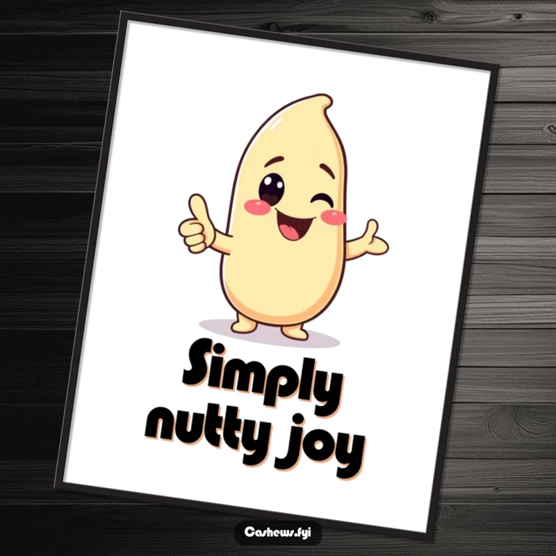 Funny digital art of a kawaii cashew character giving a thumbs-up with a big grin, perfect for cute decor.