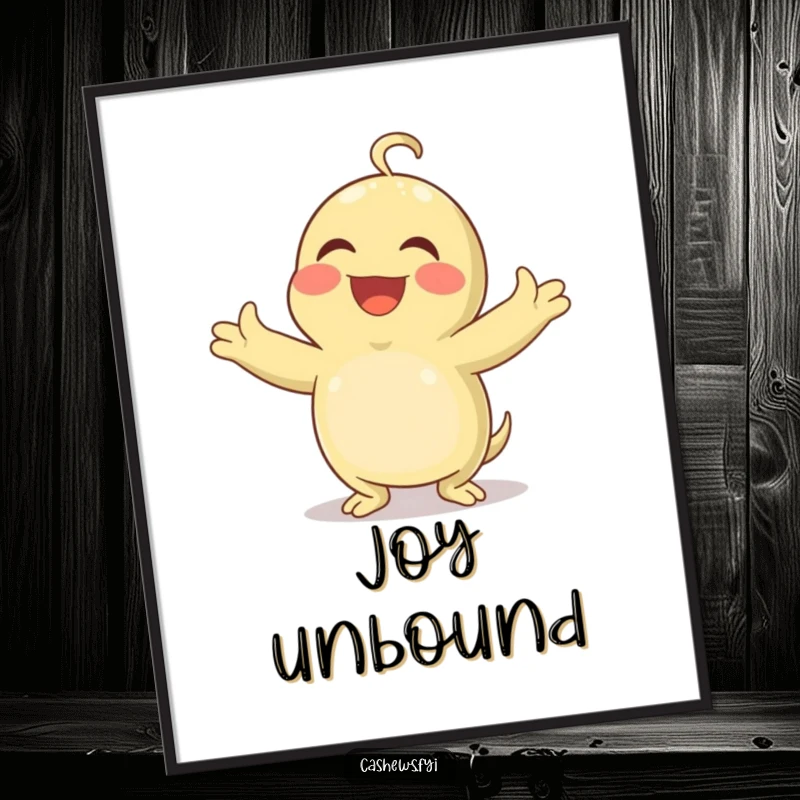 Funny digital art print of a cashew with arms spread wide, laughing heartily and contagiously, bringing pure, joyful amusement.