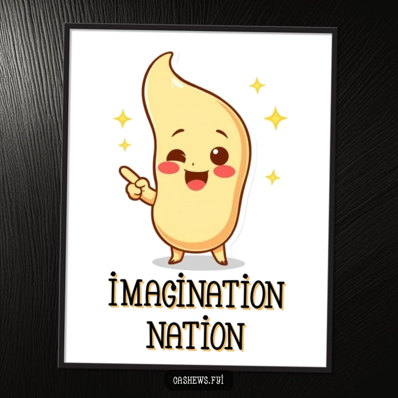 Funny digital art print of an excited cashew character pointing at a sparkling, imaginary cashew, offering instant whimsical decor.