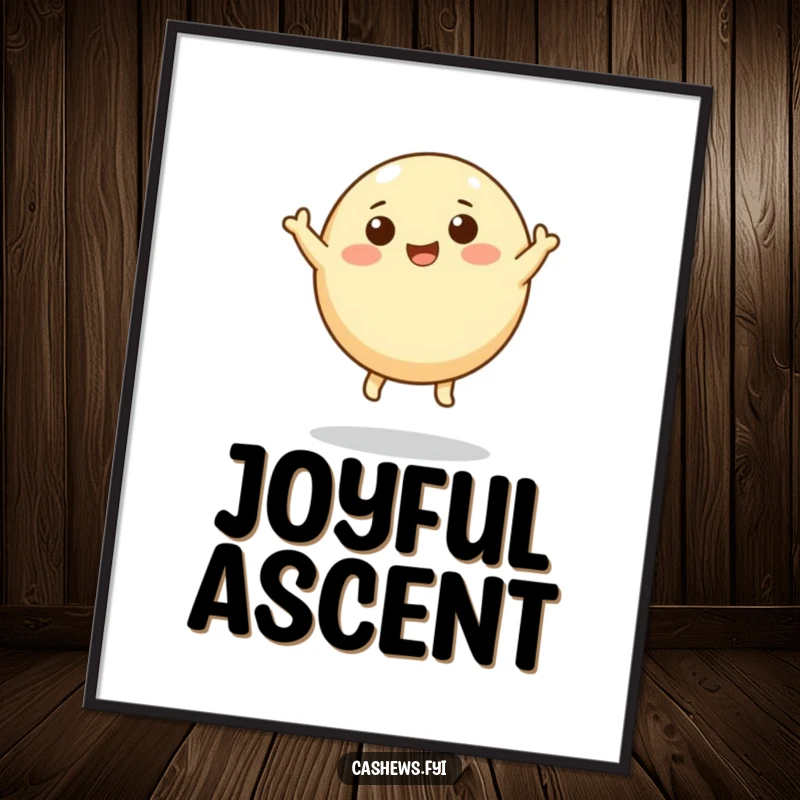 Funny digital art print of a round cashew character with tiny legs leaping joyfully upwards, ready for immediate display.