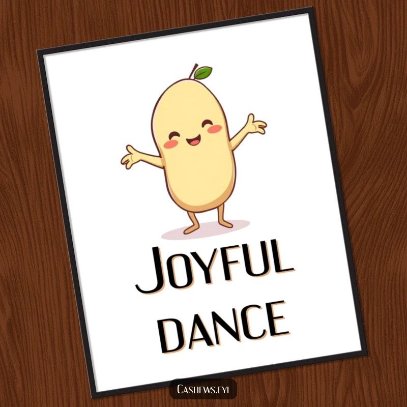 Funny digital art print of a kawaii cashew doing a silly dance with arms outstretched, beaming, bringing joyful and humorous vibes to any room.