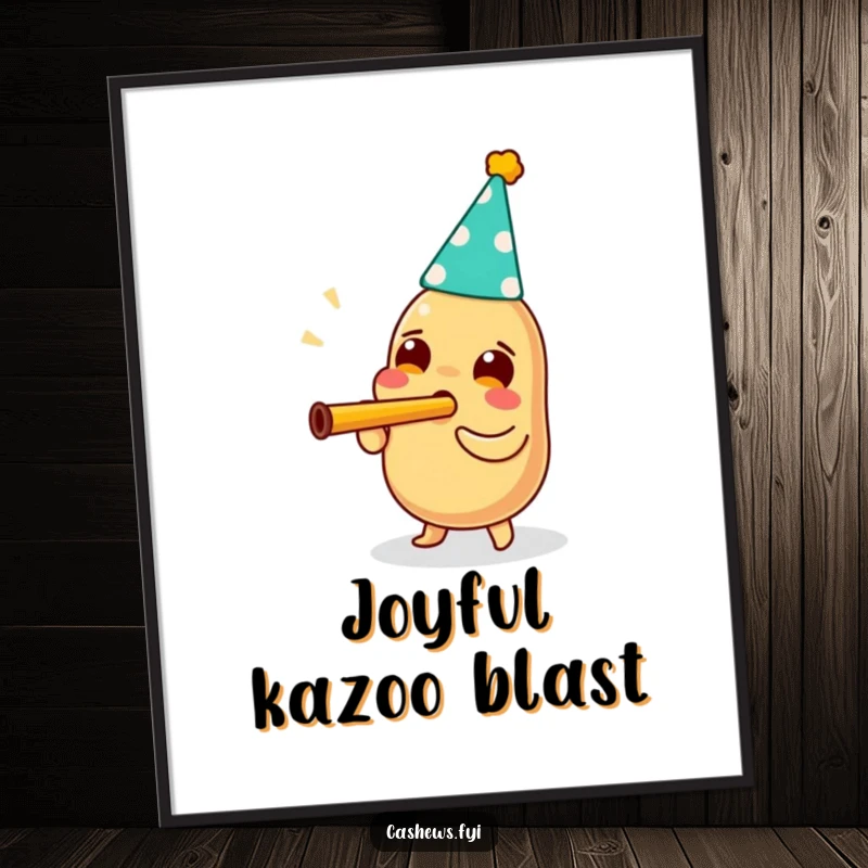 Funny digital art print of a cashew wearing a party hat and enthusiastically blowing a kazoo, ready to bring festive joy.
