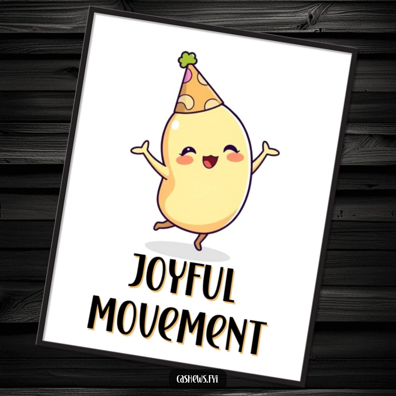 Funny digital art print of a cashew character wearing a party hat and dancing energetically, offering instant festive decor.