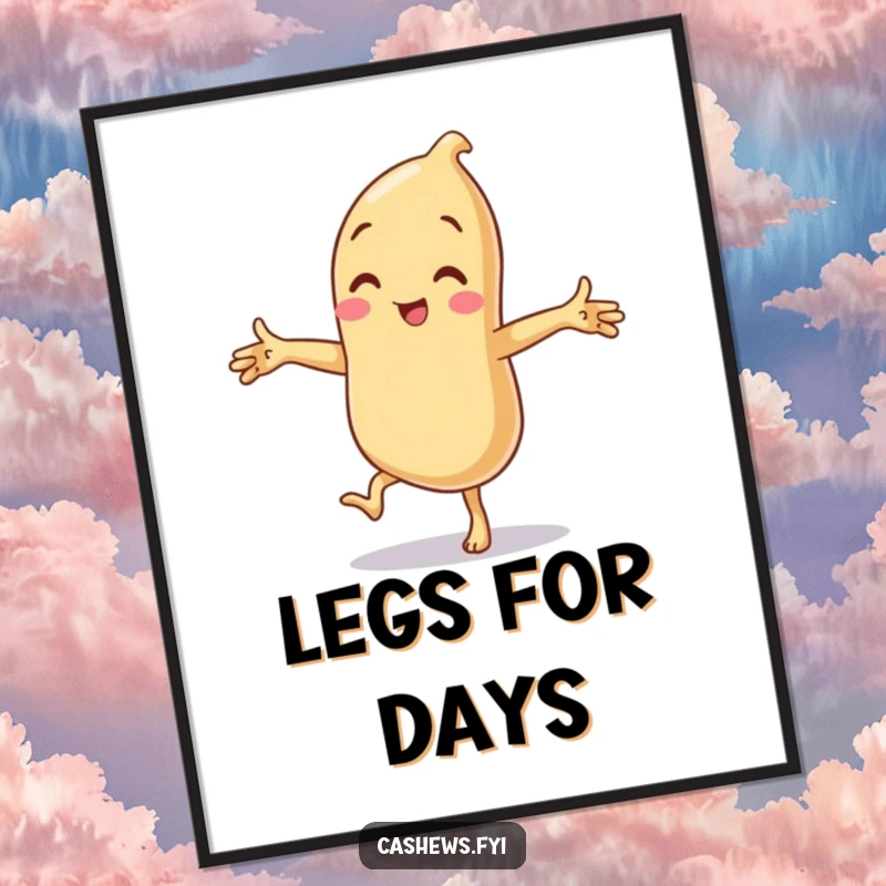 Funny digital art print of a cashew character precariously balancing on one leg, arms out, creating a comical and amusing scene.