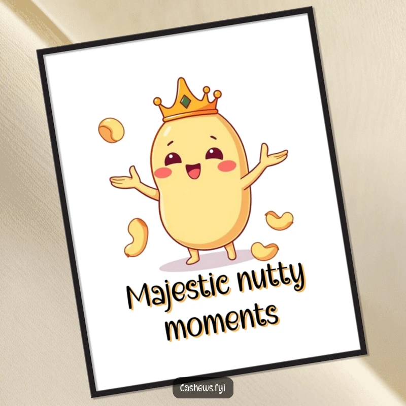 Funny digital art print of a Kawaii cashew king in a crown, juggling nuts, offering instant regal and humorous decor.