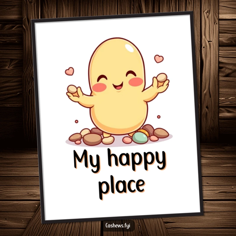 Funny digital art featuring a cashew nut character smiling while juggling tiny pebbles with precision.