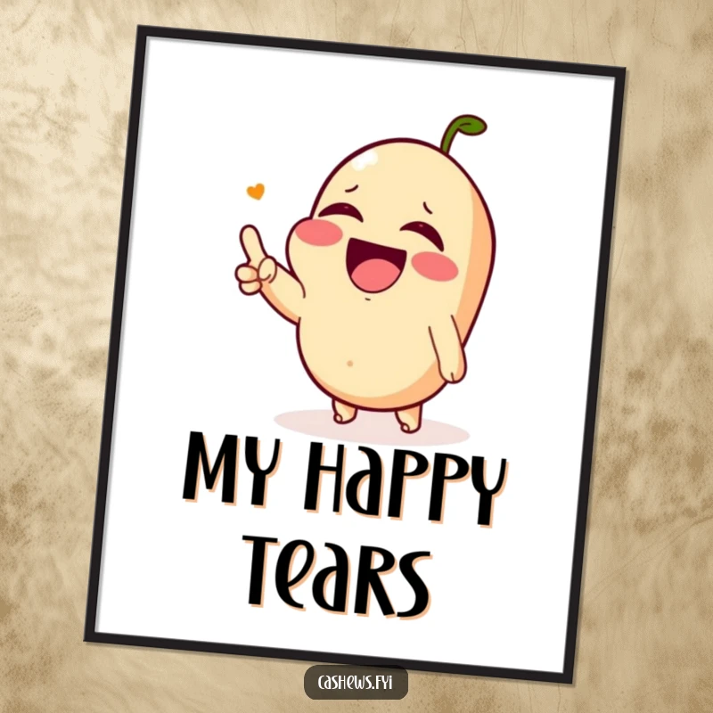 Funny digital art print of a Kawaii cashew laughing hysterically with watering eyes, perfect for instant humorous decor.