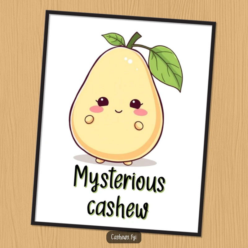 Funny cashew character peeking from behind a giant, smiling cashew as digital art, high-quality playful humor, perfect funny gift.