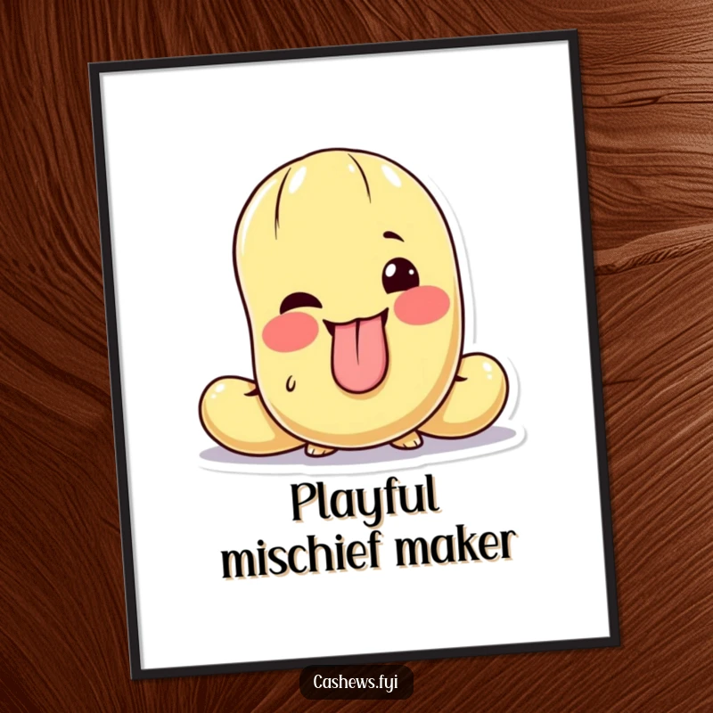 Funny digital art print of a cashew character making a silly face, tongue out, and giving a playful wink.