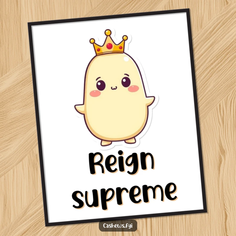 Funny digital art print showing a proud cashew character wearing a small crown, its expression conveying regal confidence and a humorous sense of commanding presence.