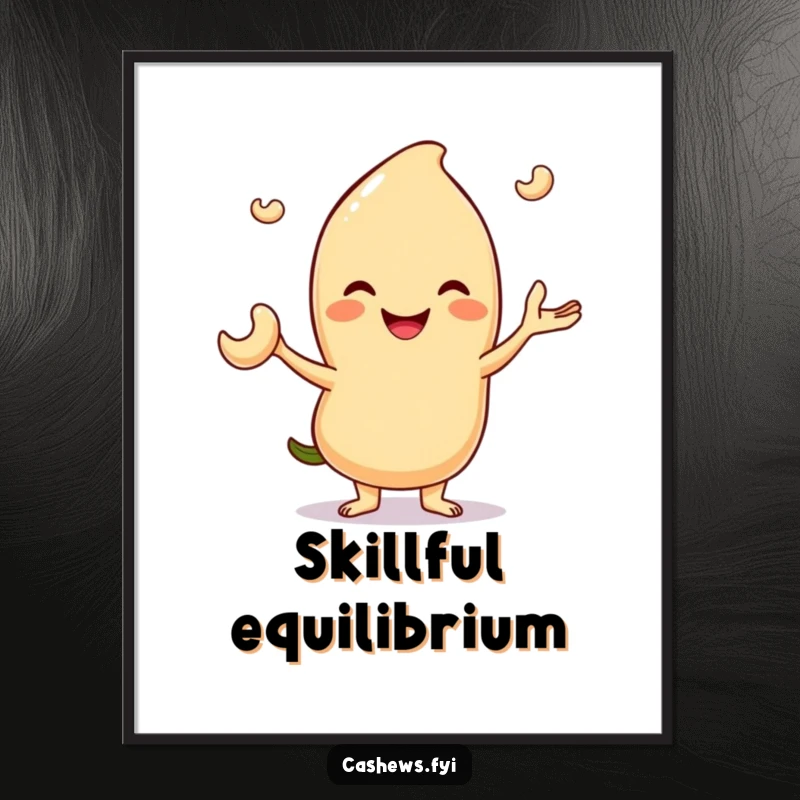 Funny digital art print of a smiling cashew character skillfully juggling three tiny cashew nuts, ready for immediate display.