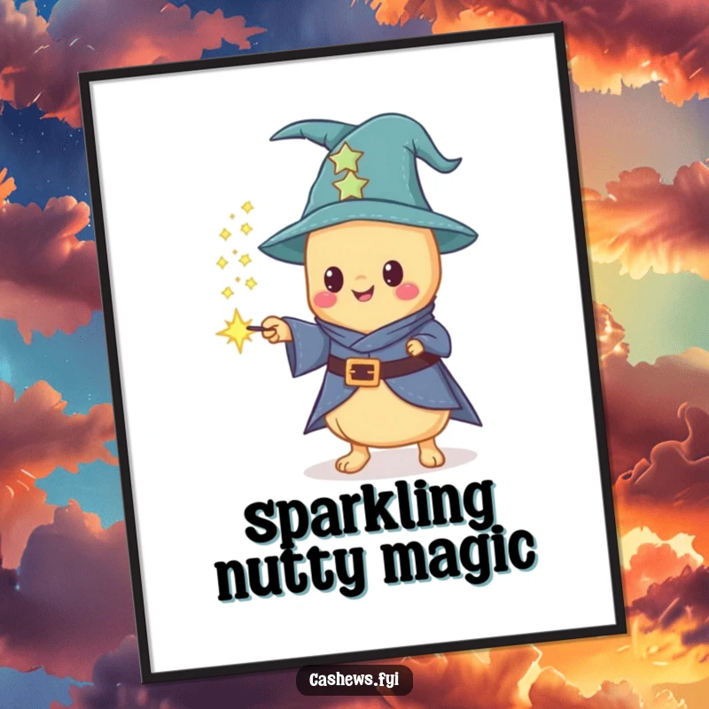 Funny digital art print of a Kawaii cashew wizard casting sparkling cashew dust from a wand, perfect for instant magical decor.