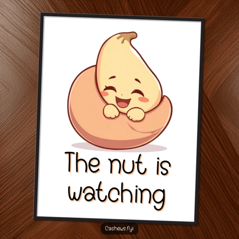 Funny digital art print of a laughing cashew winking from behind a large cashew nut, ready to add playful charm to any room.