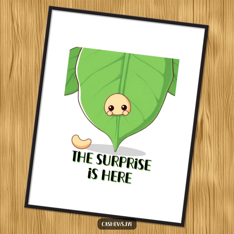 Funny digital art print of a cashew nut peeking from behind a large cashew leaf, creating a whimsical and serene atmosphere.