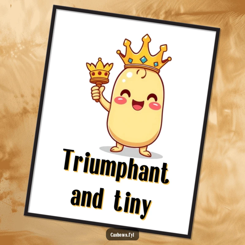 Funny digital art print of a triumphant kawaii cashew character holding a miniature crown, embodying victory and regal humor.