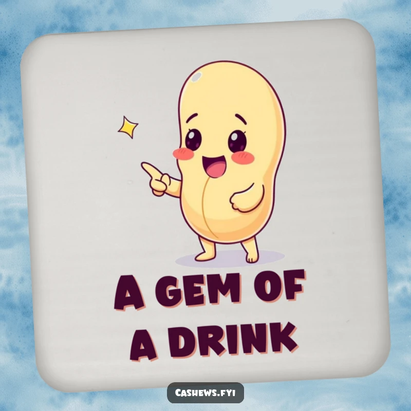 Funny drink coaster with an excited cashew nut pointing at a sparkling gem, offering protection with a humorous and adventurous design.