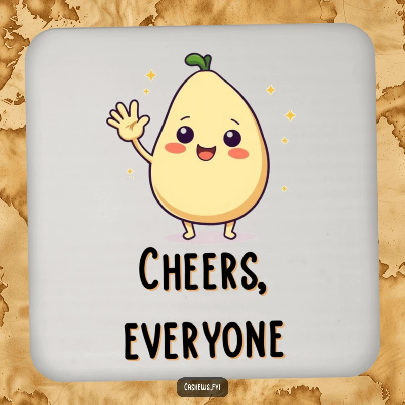Funny drink coaster featuring a kawaii cashew character waving hello with starbursts, adding a touch of cheerful greeting.