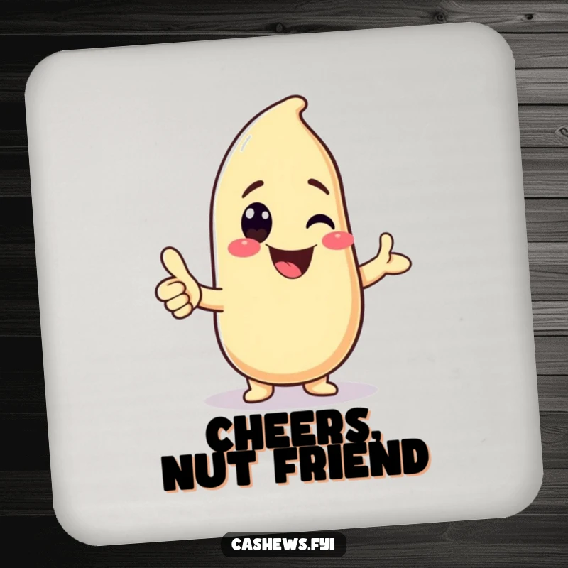 Funny drink coasters featuring a kawaii cashew character giving a thumbs-up, perfect for adding cute humor to tables.