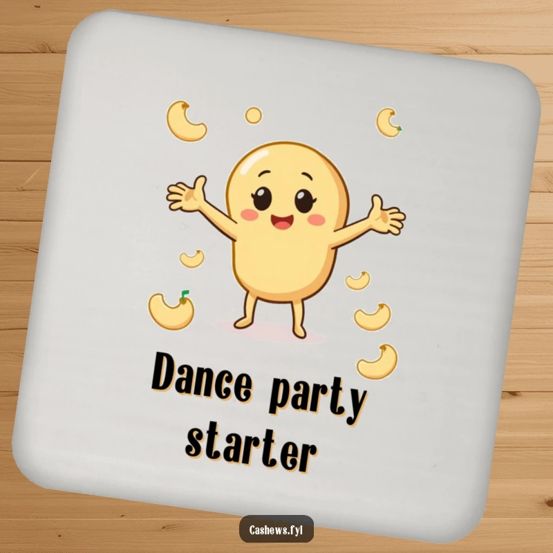 Funny cashew coasters with a character dancing among cashew shapes, protecting furniture with energetic nutty humor.