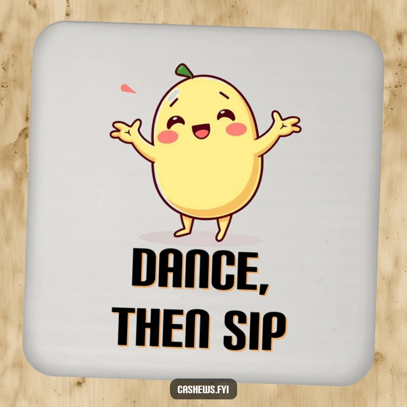 Funny kawaii cashew character doing a silly dance with exaggerated arm movements on a drink coaster.