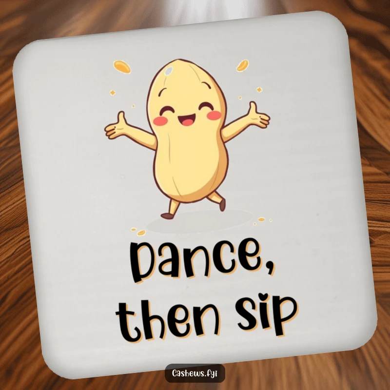 Funny drink coaster featuring a cashew doing a happy jig with arms outstretched and cashew dust swirling, protecting surfaces with joy.