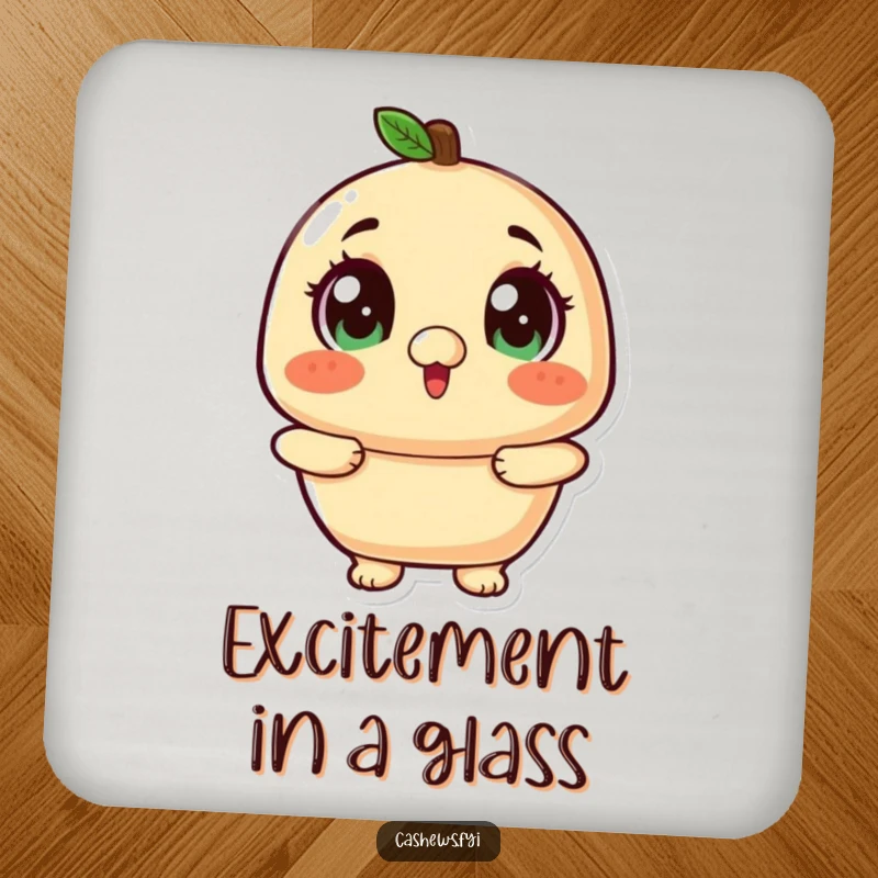 Funny kawaii cashew with wide, twinkling eyes looking up excitedly on a drink coaster.