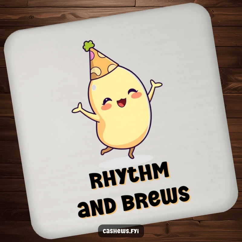 Funny drink coaster with a cashew character in a party hat dancing energetically, protecting surfaces with festive humor.