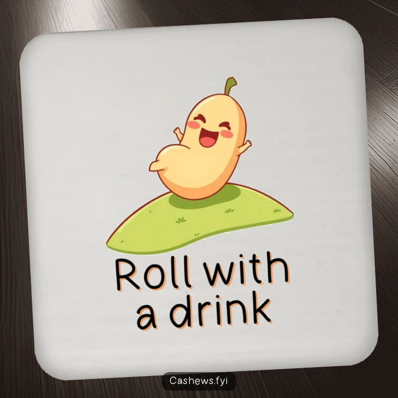 Funny Coasters: A happy cashew rolls downhill, adding a touch of playful humor to protect your surfaces from drink rings.