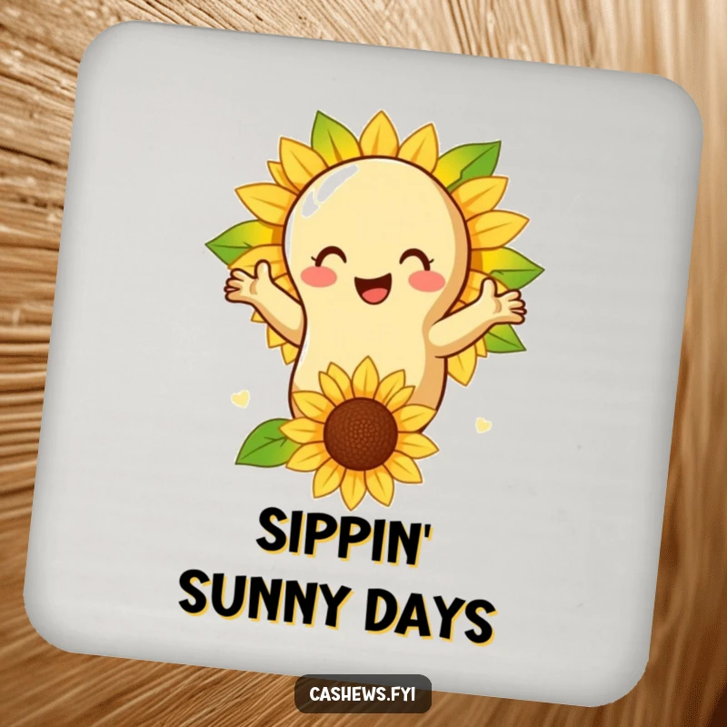 Funny coaster depicting a cashew nut giving a warm hug to a sunflower, adding natural charm and protection.