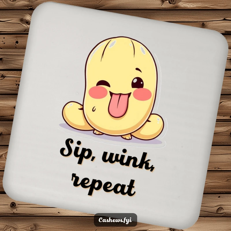 Funny drink coaster featuring a cashew character making a funny face, tongue out, and a playful wink.