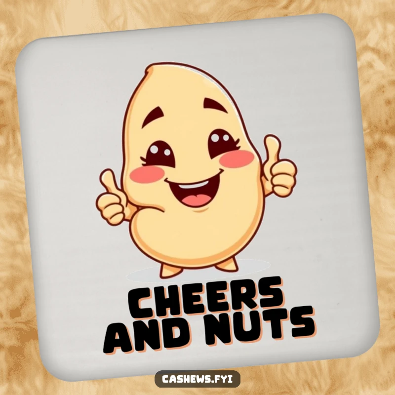 Funny coaster featuring a cashew character offering a cashew nut with a cheeky grin, wink, and thumbs-up, protecting surfaces.
