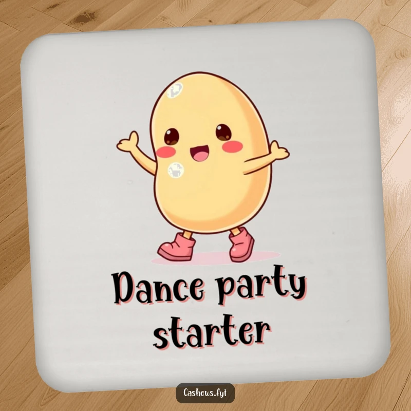 Funny drink coaster showing a cashew nut character in tiny boots, dancing with enthusiasm.