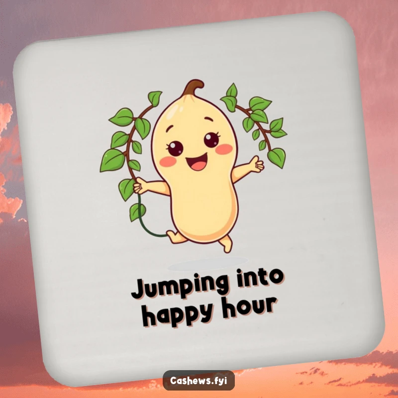 Funny drink coaster featuring a happy kawaii cashew character jumping rope with a vine, adding energetic and humorous style.