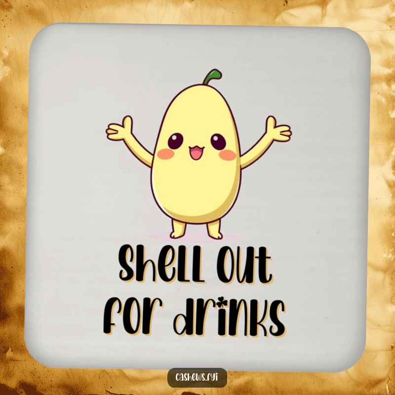 Funny drink coaster with a kawaii cashew character with arms raised in delighted surprise, protecting surfaces with cute nut charm.