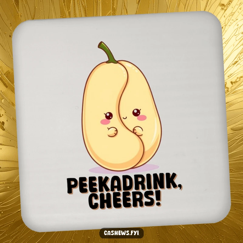 Funny kawaii cashew coasters with a cute character peeking and grinning, protecting furniture with adorable nutty humor.