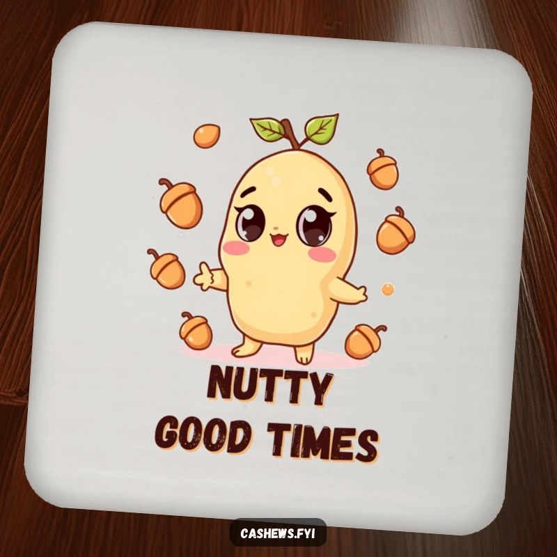Funny drink coaster featuring a kawaii cashew character with big eyes, gleefully juggling acorns, adding a playful and humorous touch.