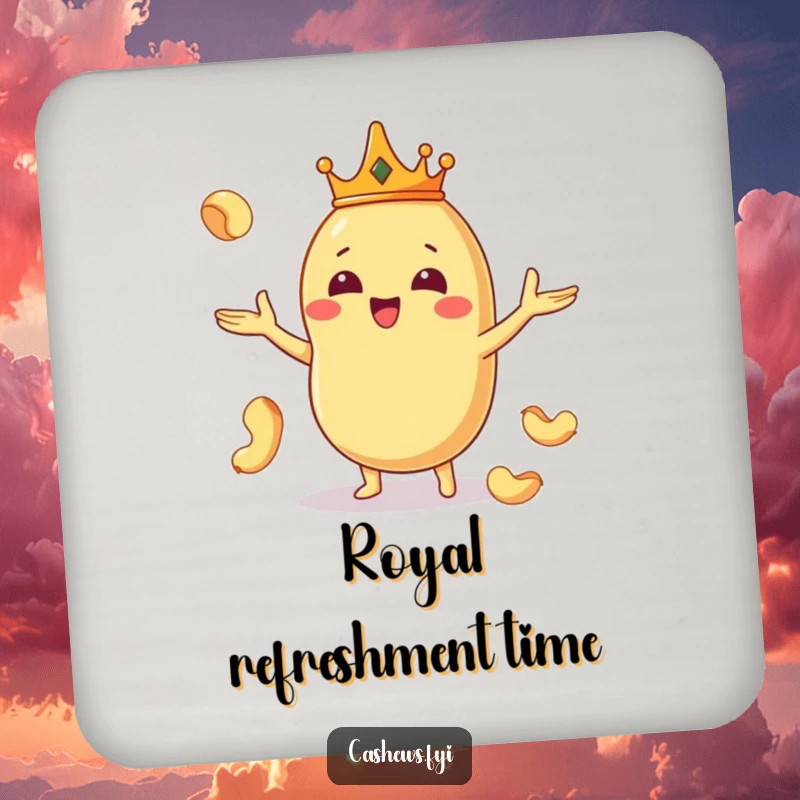 Funny set of 4 coasters with a Kawaii cashew king wearing a crown and juggling nuts, offering regal table protection.